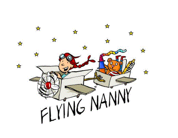 Illustration Flying Nanny, Mädchen im Flugzeug aus Karton, im Anhänger viele Spielsachen, mit Sternchen